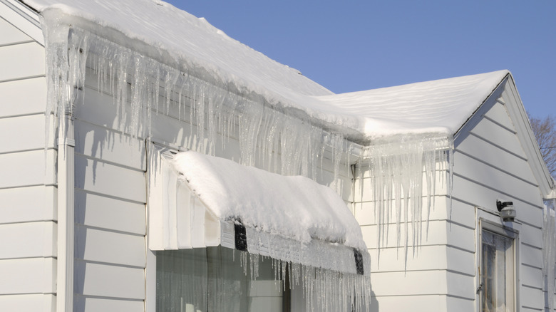 Large ice dam and articles along the edge of a home's roof