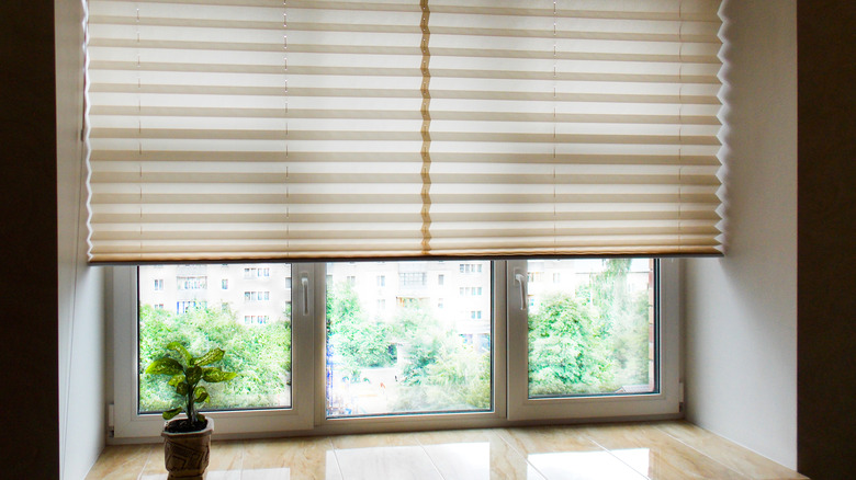 Honeycomb shades covering a large window.