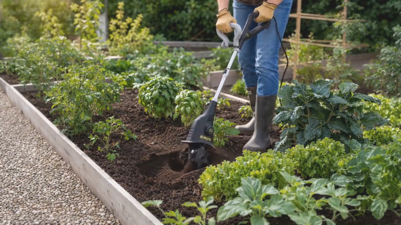 a Sun Joe TJ599E electric tiller cultivator in operation