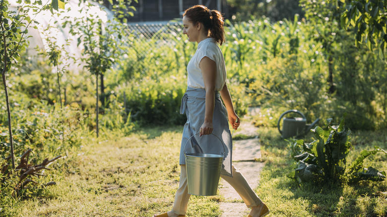 Woman holding metal bucket while she walks through a sunny garden.