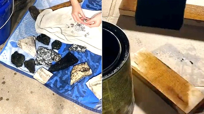 Split image of granite countertop pieces being hammered, and pieces of cut wood being stained with a foam brush