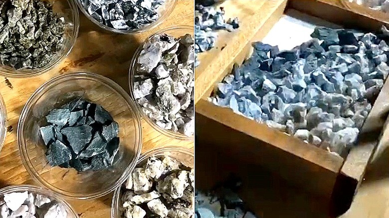 Split image of the granite pieces in cups, and the final ganite rock table décor piece