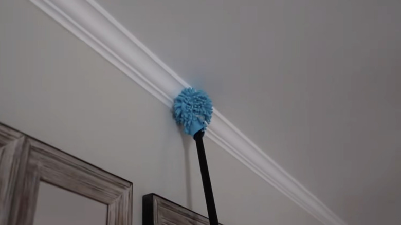 A DIY tennis ball duster on a pole dusting coving.