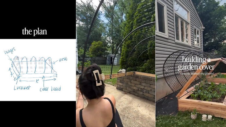 Side by side photos showing the construction of a raised garden bed cover