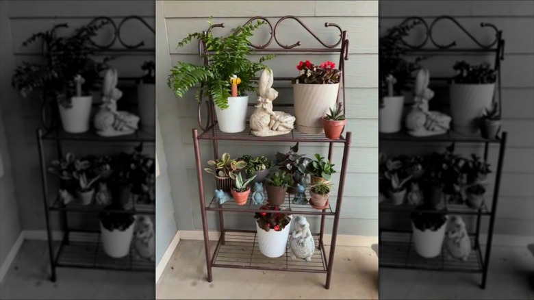 A plant stand made from a baker's rack