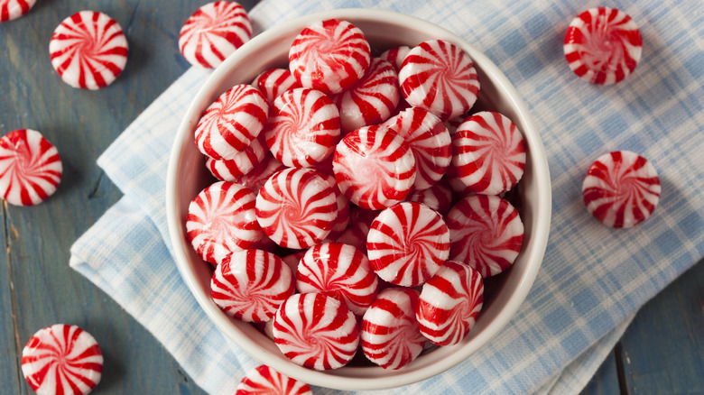 bowl of red and white peppermint candies