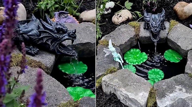 Split image of the final wishing well with garden ornaments and flowers