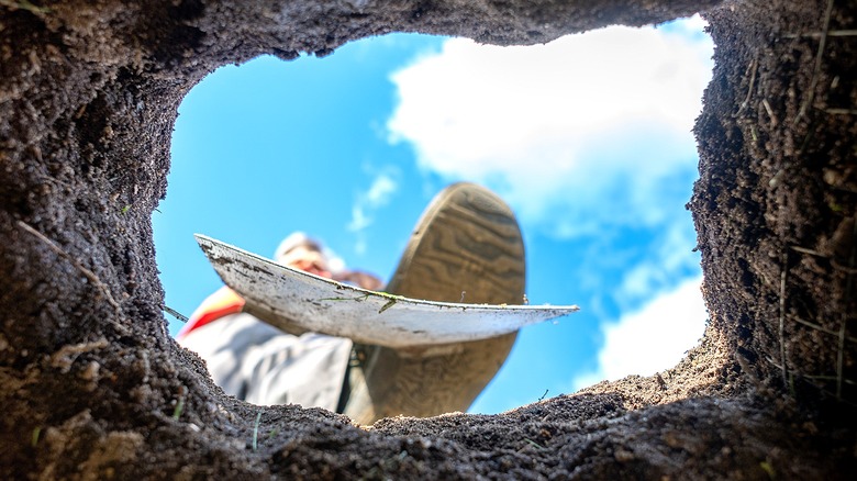 Sky seen from the perspective of a hole being dug with a spade