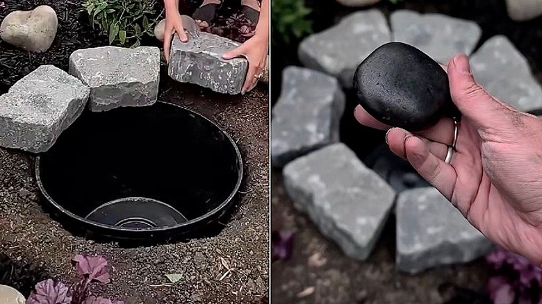 Split image of a person laying large rocks around a pond bucket and a close-up of a person's hand holding a river rock.