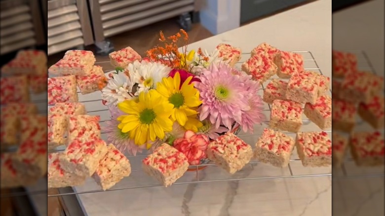 Flower and dessert display using oven rack and bowl