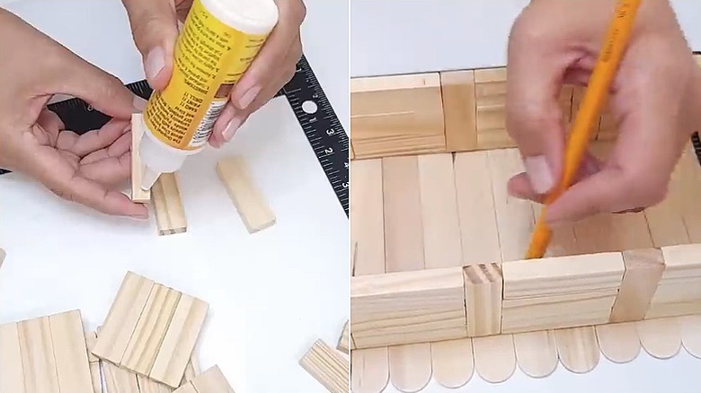 Split image showing the gluing of the blocks on the left and the marking of the craft sticks on the right.