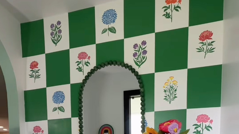 DIY green painted checkerboard wall