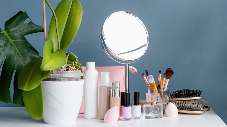 makeup on vanity with plant