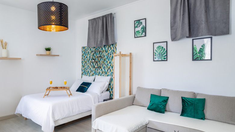 A studio apartment with open-plan bedroom and living room