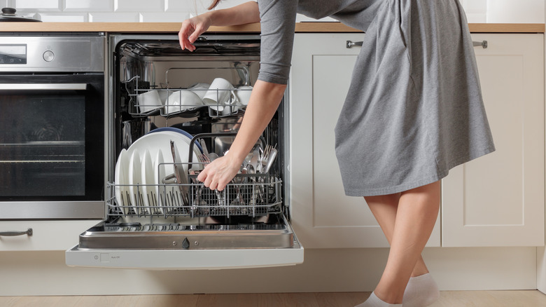 A person opening a dishwasher