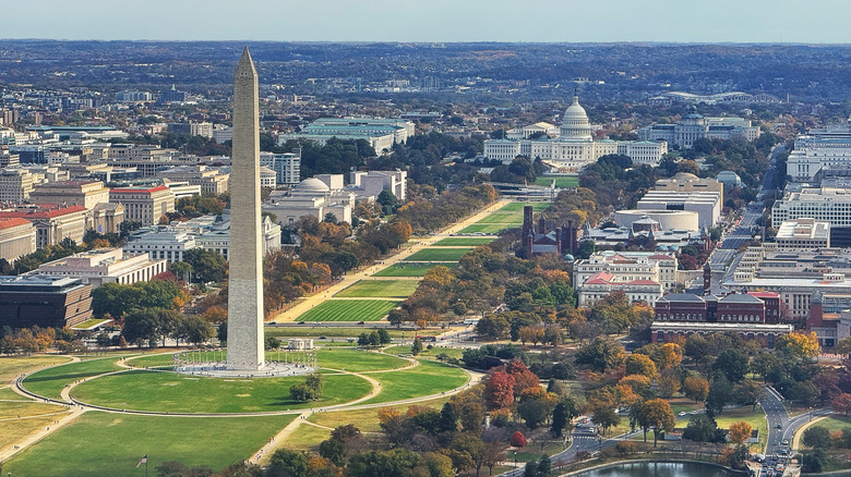 View of the National Mall Washington, D.C. with Washington Monument in the foreground, U.S. Capitol building in the background