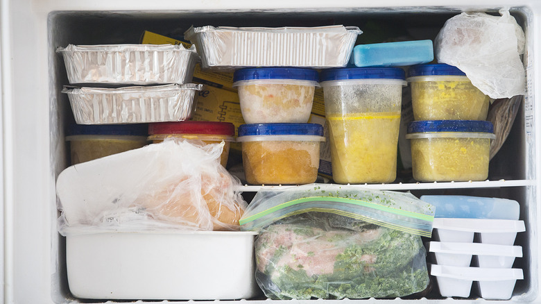 A freezer packed with food and ice trays