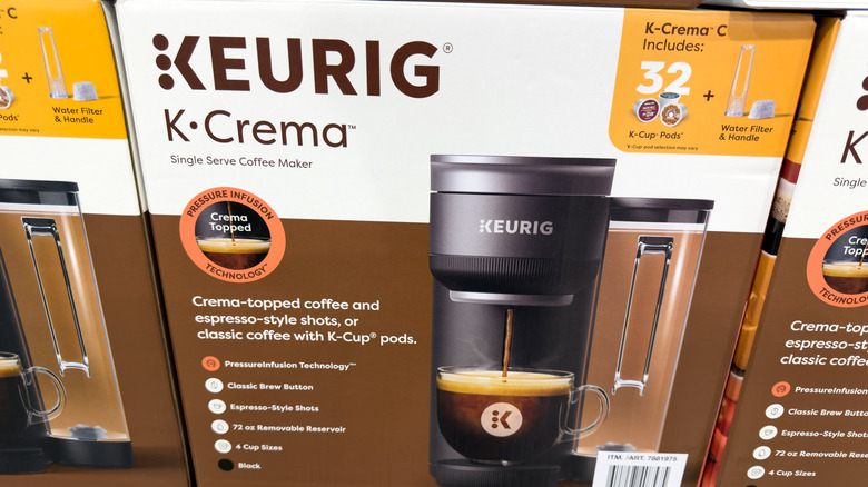 Close-up of boxes of Keurig k-crema single serve coffee makers