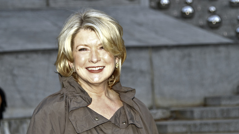 Portrait style image of Martha Stewar in front of concrete steps