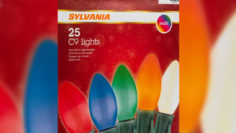 Box of colorful Christmas lights reading Sylvania 25 C9 Lights