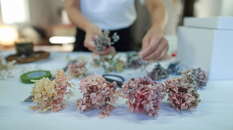 Faux hydrangeas laid out on a white table cloth with person reaching for them