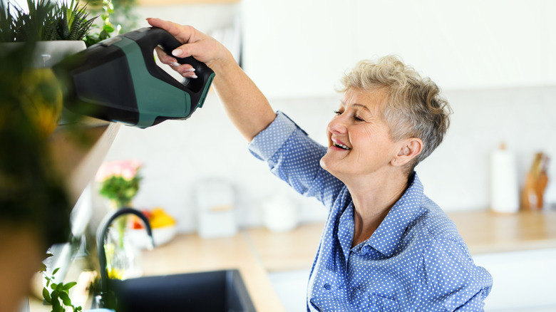 woman vacuuming shelf with plants