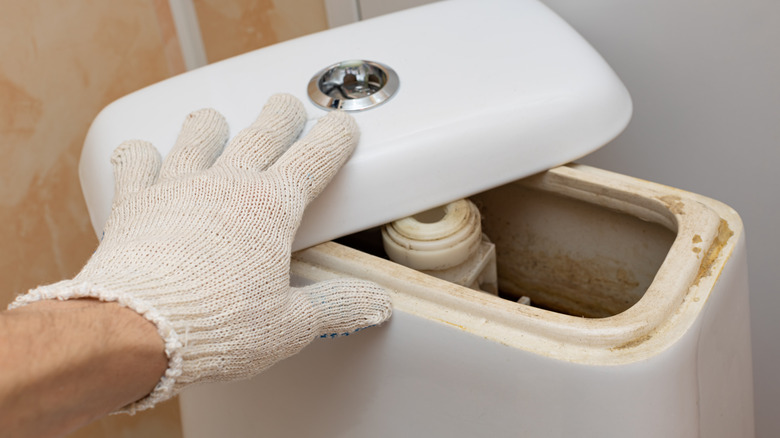 opening toilet tank with staining