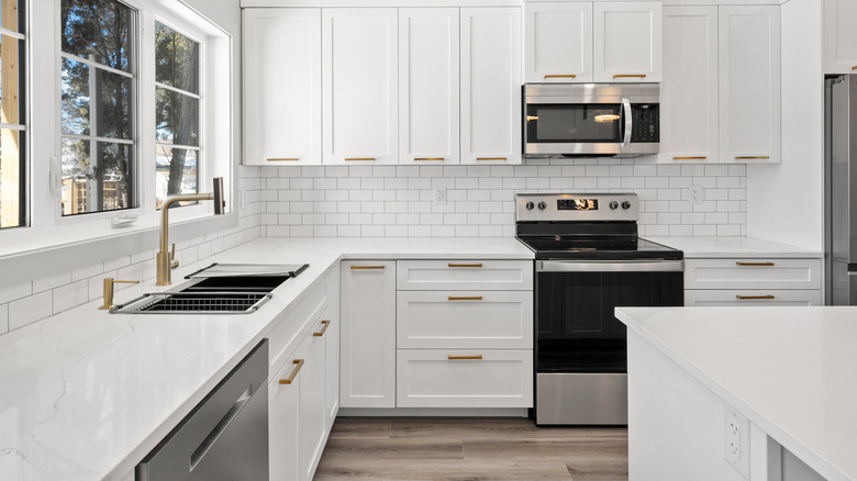 modern kitchen with white cabinetry and stainless steel appliances