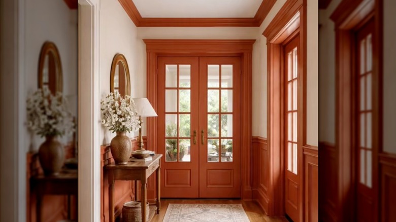 Enrtry way with beige walls and burnt orange trim and doors
