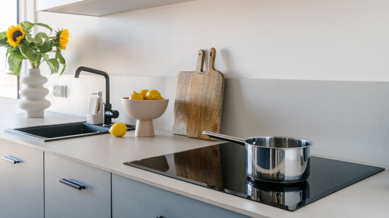 Minimalist kitchen with sparkling clean glass stove top