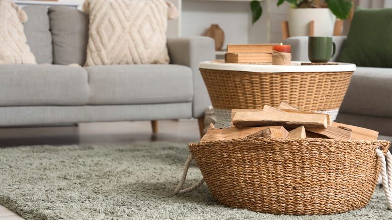Soft focus gray sofas with a wicker basket holding logs in the foreground