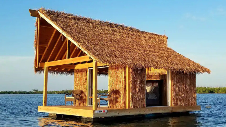 Floating tiki hut on water