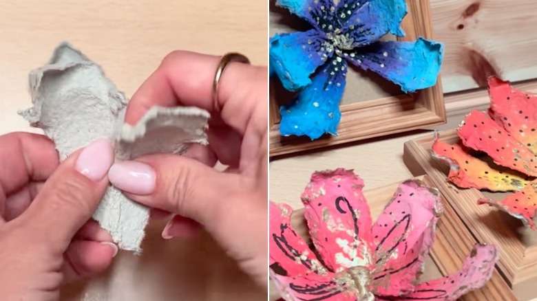Hands tear up egg carton cups alongside beautiful 3D flowers made with egg cartons mounted to frames.