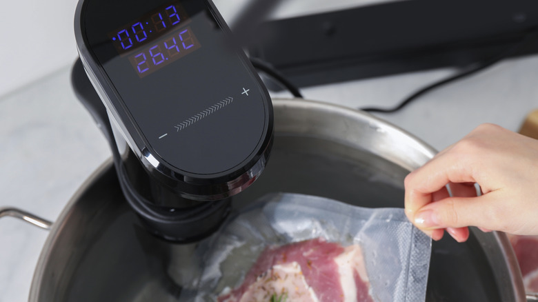 A hand pulling a vacuum-sealed bag of meat out of a pot with a black sous-vide circulator attached