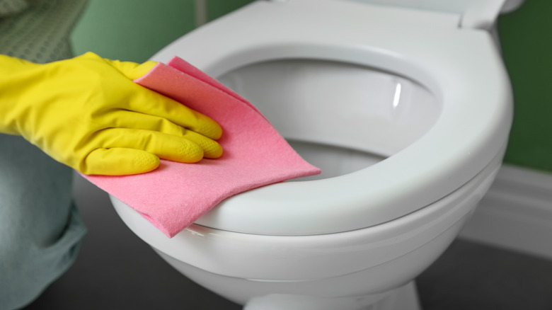 Gloved hands wiping a white toilet seat with a pink cloth