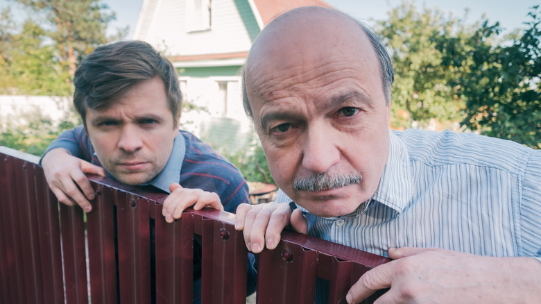 Two angry men scowl over the top of a fence at their neighbor.