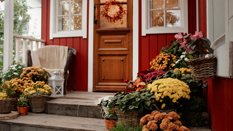 Front porch of a red home covered with potted flowers and plants