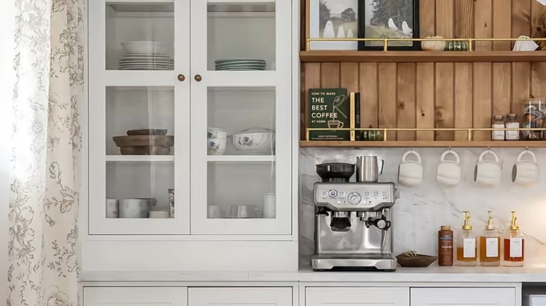 White IKEA cabinets turned into built-in coffee bar