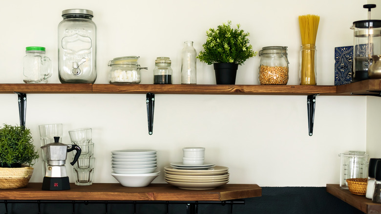 Open shelving in a kitchen