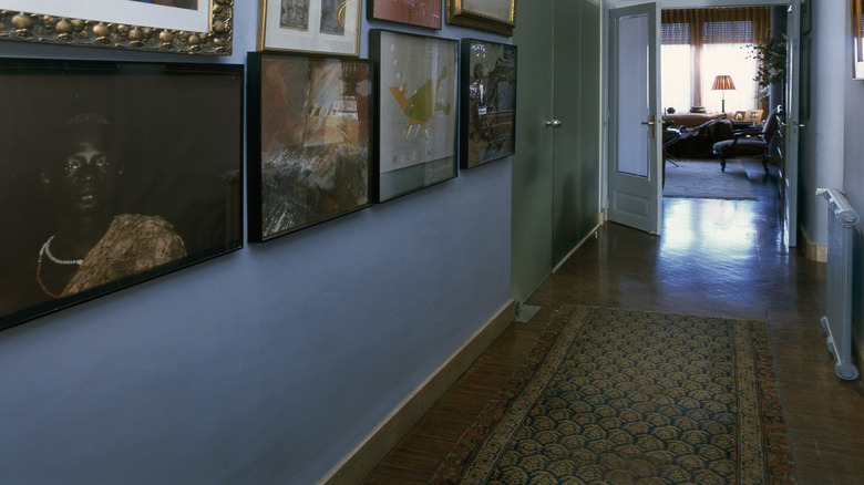 Framed paintings arranged on a wall