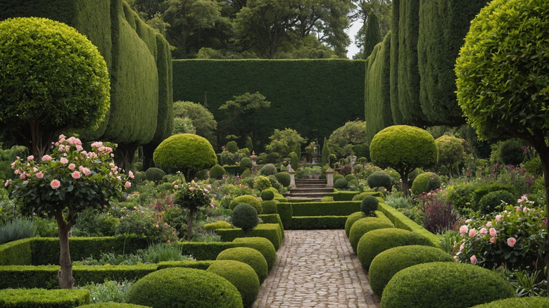 Formal garden with shaped hedges and evergreens.
