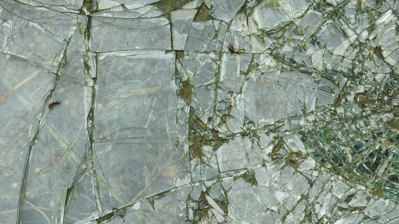 closeup of shattered glass table top