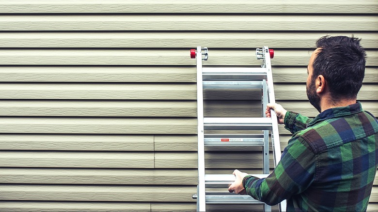 Person with ladder inspecting siding