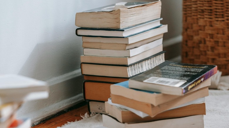 Untidy stack of books