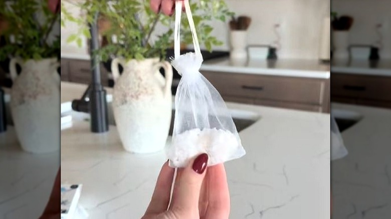 A hand holding a Dollar Tree drawstring bags filled with scented beads