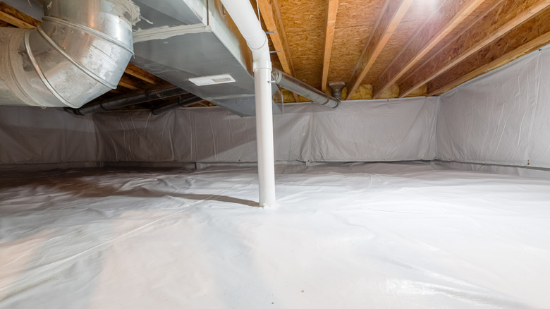 Fully encapsulated crawl space with ductwork and pipes running through it