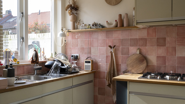 Corner kitchen window with sink, dishes, and pink tile backsplash