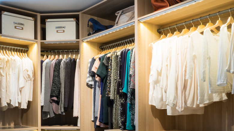 organized closet with LED rope lights