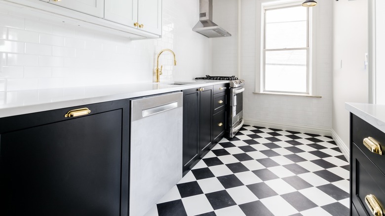 Black and white linoleum kitchen floor