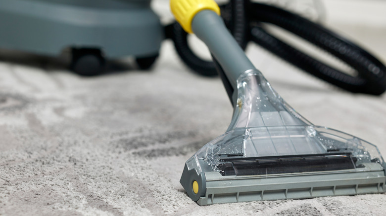 A carpet cleaner sits on top of a freshly cleaned carpet.
